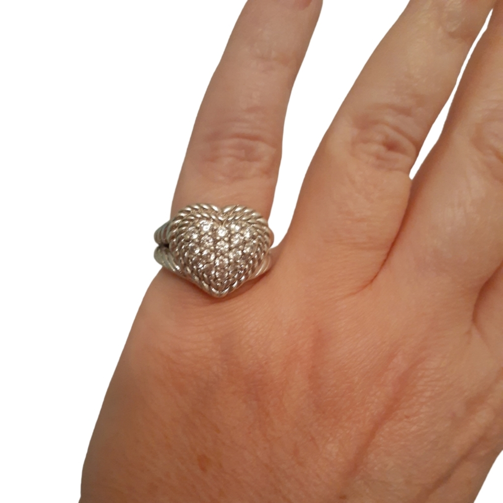 Judith Ripka SS, size 5, heart ring w/ rope detail on sides